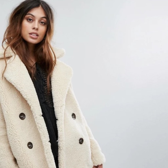 Free People Notched Teddy Bear Peacoat Ivory Tan - Picture 6 of 12